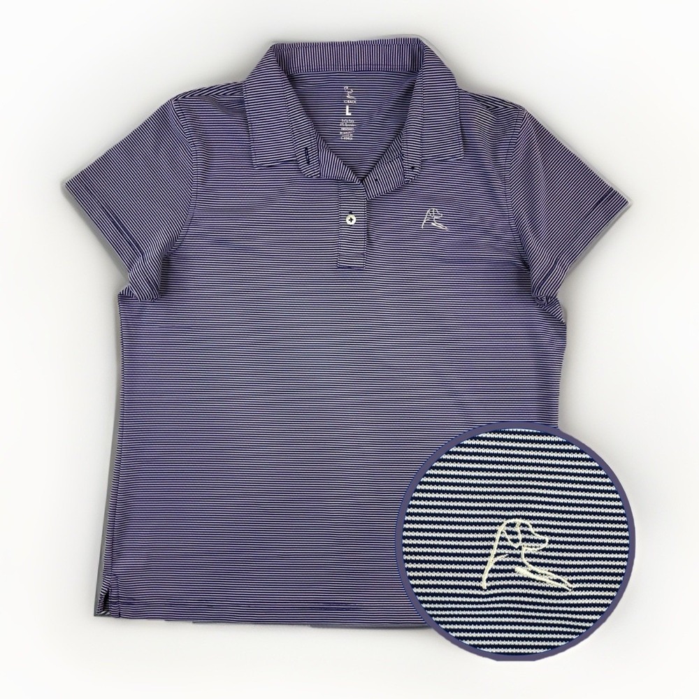 Rhoback Women's Performance Golf Polo Shirt Large Navy White Stripe Print Top